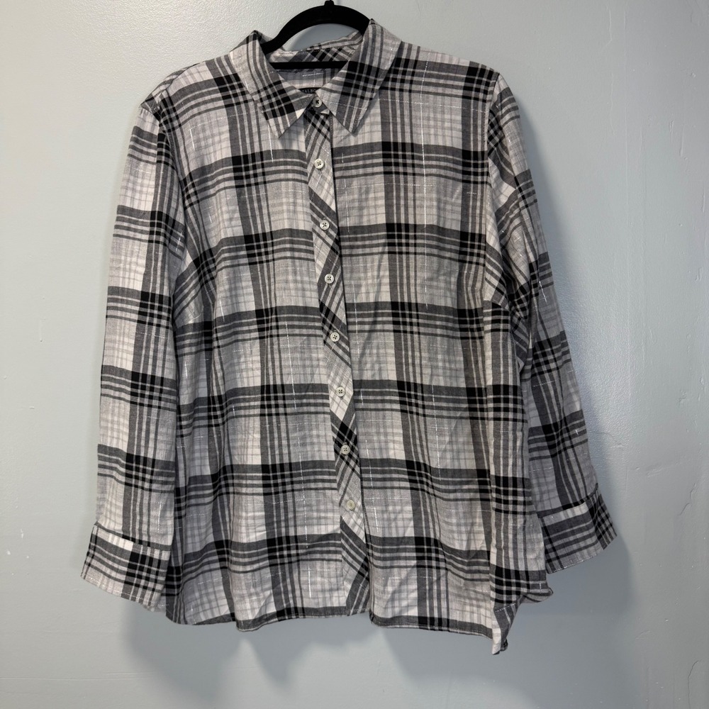 Talbots Plus Petite 2XP Plaid Metallic Button Down Shirt Black White Grey VN5720